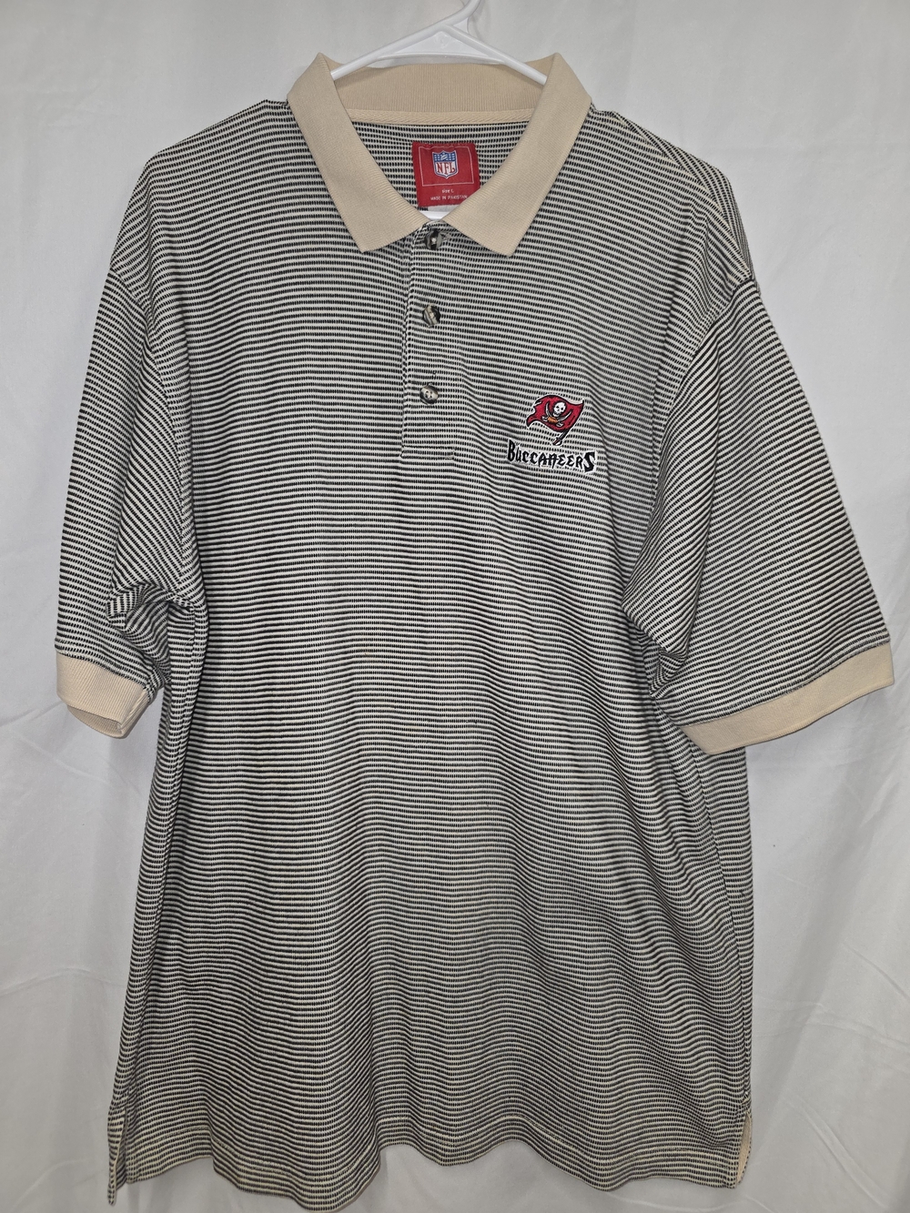 NFL Black & White Striped Polo with Beige Trim